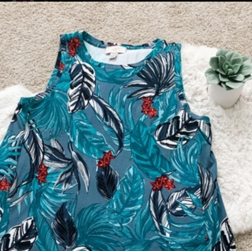 Loft Fashion Teal Tropical Leaf Print Sleeveless Dress